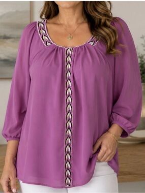 Bob Mackie Wearable Art Embellished Blouse XL Purple Pink Boho